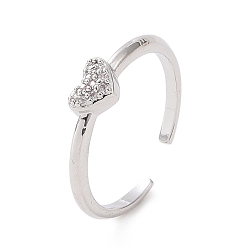 Platinum Clear Cubic Zirconia Heart Open Cuff Ring, Brass Jewelry for Women, Platinum, Inner Diameter: 16mm