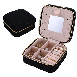 Black Square Velvet Jewelry Organizer Zipper Boxes, Portable Travel Jewelry Case with Mirror Inside, for Earrings, Necklaces, Rings, Black, 10x10x5cm