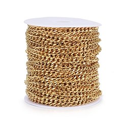 Golden Vacuum Plating 304 Stainless Steel Cuban Link Chains, Chunky Curb Chains, Faceted, with Spool, Unwelded, Golden, 7~7.5x4.5~5x1.3~1.4mm, about 32.8 Feet(10m)/roll