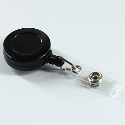 Black ABS Plastic Badge Reel, Retractable Badge Holder, with Platinum Iron Bobby Clip, Flat Round, Black, 86x32x16mm