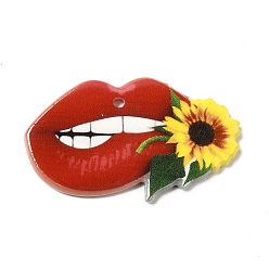 Red Acrylic Pendants, Lip with Sunflower Charms, Red, 22.5x36.5x2.3mm, Hole: 1.6mm