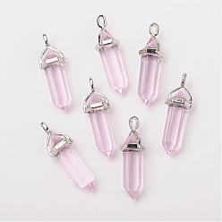 Pink Bullet Glass Pointed Pendants, with Alloy Findings, Platinum, Pink, 40x12mm, Hole: 3x4mm