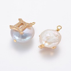 Gemini Natural Cultured Freshwater Pearl Pendants, with Brass Micro Pave Cubic Zirconia Findings, Nuggets with Constellation, Golden, Clear, Gemini, 17~22x11~16x5~11mm, Hole: 1.6mm