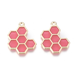 Pale Violet Red Alloy Pendants, with Enamel, Honeycomb, Golden, Pale Violet Red, 21x17x1.5mm, Hole: 1.6mm