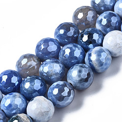 Medium Slate Blue Natural Agate Beads Strands, Pearl Luster Plated, Faceted, Round, Medium Slate Blue, 12mm, Hole: 1.6mm, about 32~34pcs/strand, 13.94~16.06 inch(35.4~40.8cm)