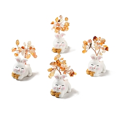 Natural Agate Natural Agate Tree Display Decorations, Resin Rabbit Base Feng Shui Ornament for Wealth, Luck, Rose Gold, 26x42~49x62~64mm