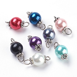 Mixed Color Pearlized Glass Pearl Links connectors, with Tibetan Style Alloy Bead Spacers and Iron Eye Pin, Round, Mixed Color, 17x8mm, Hole: 2mm