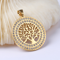 Golden 304 Stainless Steel Pendants, with Rhinestones, Flat Round with Tree of Life, Golden, 43.5x40x3mm, Hole: 5.5x8.5mm