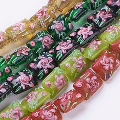 Mixed Color Handmade Bumpy Lampwork Beads Strands, Rectangle with Flower, Mixed Color, 17.5~18x14x11~13mm, Hole: 2mm