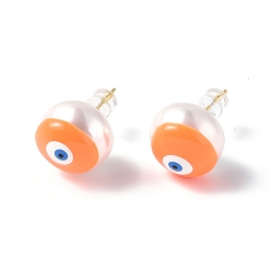 Orange Foncé Clous d'oreilles mauvais œil en coquillage naturel avec émail, bijoux en laiton plaqué or véritable 18k pour femmes, orange foncé, 14mm, pin: 0.8 mm