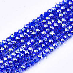 Azul Medio Abalorios de vidrio electrochapa, lustre de la perla chapado, facetados, Rondana plana, azul medio, 2.5~3x2~2.5 mm, agujero: 0.6 mm, sobre 196 unidades / cadena, 19 pulgada
