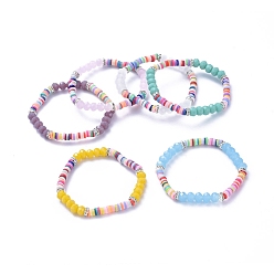 Mixed Color Kids Stretch Bracelets, with Polymer Clay Heishi Beads, Faceted Glass Beads and Brass Rhinestone Beads, Mixed Color, Inner Diameter: 1-7/8 inch(4.7cm)