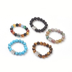 Mixed Stone Natural & Synthetic Mixed Stone Stretch Finger Rings, with Alloy Finding, Size 10, Antique Silver, 20mm
