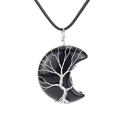 Obsidienne Colliers pendentif croissant de lune en obsidienne naturelle, avec du fil de cuivre, 18.90 pouce (48 cm)