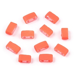 Coral 2-Hole Glass Seed Beads, Rubberized Style, Rectangle, Coral, 4.5~5.5x2x2~2.5mm, Hole: 0.5~0.8mm