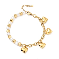Golden 201 Stainless Steel Heart Charm Bracelet, Plastic Pearl Beaded Bracelet with Vacuum Plating 304 Stainless Steel Cable Chains for Women, Golden, 7-1/2 inch(19cm)