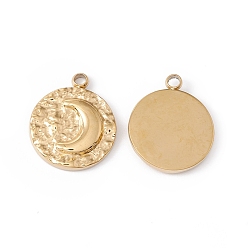 Real 24K Gold Plated Ion Plating(IP) 304 Stainless Steel Pendant, Textured, Flat Round with Moon, Real 24K Gold Plated, 14x12x2mm, Hole: 1.4mm
