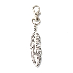 Antique Silver Leaf/Feather Tibetan Style Alloy Keychain, with Swivel Lobster Claw Clasps and Iron Open Jump Rings, Antique Silver, 94mm, Hole: 10.5x6.4mm