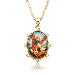 Rouge Collier ovale en résine sur le thème de la religion avec pendentif en strass, collier en laiton doré, rouge, 19.69 pouce (50 cm)