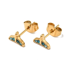 Aquamarine Rhinestone Whale Tail Shape Stud Earrings with 316 Surgical Stainless Steel Pins, Gold Plated 304 Stainless Steel Jewelry for Women, Aquamarine, 5.5x7.5mm, Pin: 0.8mm