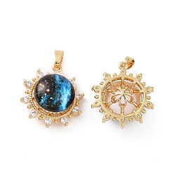 Real 18K Gold Plated Brass Micro Pave Clear Cubic Zirconia Pendants, with Glass, Flower with Starry Sky Pattern Charms, Real 18K Gold Plated, 21x19x9.7mm, Hole: 2.5x3mm