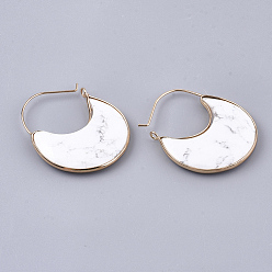 Howlite Natural Howlite Crescent Moon Dangle Hoop Earrings, with Brass Findings, Faceted, 44~51x36.5x4~6mm, Pin: 1mm