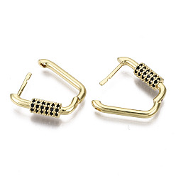 Black Brass Micro Pave Cubic Zirconia Huggie Hoop Earring, Oval, Nickel Free, Real 16K Gold Plated, Black, 22x15x5mm, Pin: 1.3mm