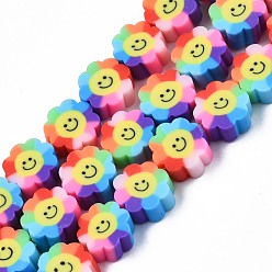 Colorful Handmade Polymer Clay Bead Strands, Flower with Smile, Colorful, 8~10x8~10x4~5mm, Hole: 1.2~1.6mm, about 38~40pcs/strand, 12.99 inch~15.94 inch(33~40.5cm)