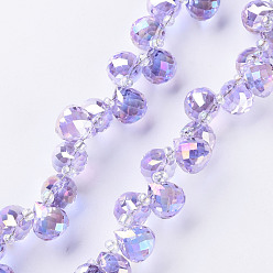 Pourpre Chapelets de perles en verre transparentes  , perles percées, de couleur plaquée ab , larme à facettes, pourpre, larme: 9.5x8 mm, Trou: 0.8mm, perles: 3~4x2.5~3.5 mm, Environ 100 pcs/chapelet, 23.62 pouce (60 cm)