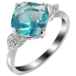 Sky Blue Fashion Classical Platinum Plated Brass Elegant Square Cubic Zirconia Rings, Sky Blue, Size 6, 16mm