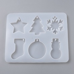 White Christmas Silicone Pendants Molds, Resin Casting Molds, For DIY UV Resin, Epoxy Resin Jewelry Making, Star, Chrismtas Tree, Snowflake, Socks, Snowman, Bell, White, 245x202x15mm, Hole: 5mm