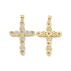 Real 18K Gold Plated Rack Plating Brass Micro Pave Cubic Zirconia Pendants, Cadmium Free & Lead Free, Long-Lasting Plated, Religion Cross with Heart & Flower Charm, Real 18K Gold Plated, 41.5x28x3mm, Hole: 5x4mm