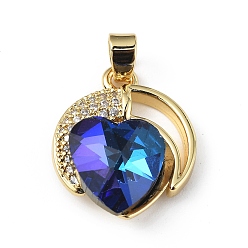 Midnight Blue Real 18K Gold Plated Rack Plating Brass Micro Pave Clear Cubic Zirconia Pendants, with Glass, Long-Lasting Plated, Cadmium Free & Lead Free, Heart Charm, Midnight Blue, 21x17.5x8mm, Hole: 5x3mm