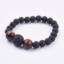 Tiger Eye Natural Tiger Eye Stretch Bracelets, with Natural Lava Rock Beads, Round, 2 inch(52mm)