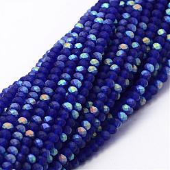 Azul Medio ab chapado en color facetado rondelle cuentas de cuentas de vidrio, esmerilado, azul, 4~4.5x3~3.5 mm, agujero: 0.8 mm, sobre 150 unidades / cadena, 15.1 pulgada