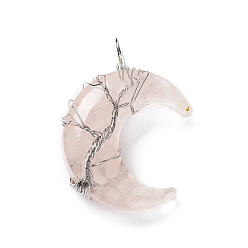 Quartz Rose Copeaux de quartz rose naturel et gros pendentifs en résine transparente, charmes lune, avec fil de laiton ton platine enroulé, sans cadmium et sans plomb, 52~53x36~37x14~16mm, Trou: 8mm