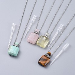 Platinum Natural Mixed Stone Perfume Bottle Pendant Necklaces, with Brass Cable Chains, Lobster Claw Clasps and Plastic Dropper, Platinum, 19.7~19.9 inch(50.2~50.6cm), Bottle Capacity: 0.15~0.3ml(0.005~0.01 fl. oz), 2mm
