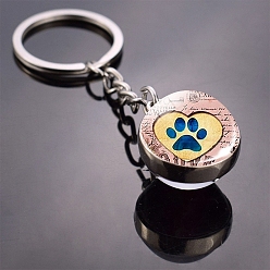 Pink Dog Paw Print Pattern Glass Double-sided Ball Keychains, with Alloy Finding, for Backpack, Keychain Decor, Pink, 8cm