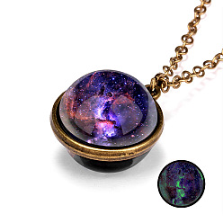 Blue Violet Luminous Glass Planet Pendant Necklace with Antique Golden Alloy Chains, Blue Violet, 19.69 inch(50cm)