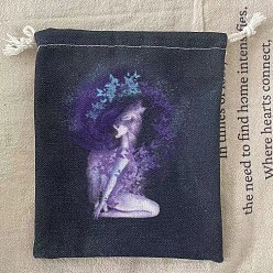 Prussian Blue Tarot Card Storage Bag, Cloth Tarot Drawstring Bags, Rectangle with Woman Pattern, Prussian Blue, 18x13cm