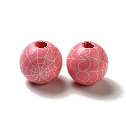 Pink Halloween Printed Spider Webs Colored Wood European Beads, Large Hole Beads, Round, Pink, 16mm, Hole: 4mm