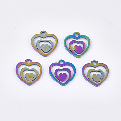 Rainbow Color Ion Plating(IP) 201 Stainless Steel Filigree Charms, Heart with Heart, Rainbow Color, 14x13x1mm, Hole: 1.8mm