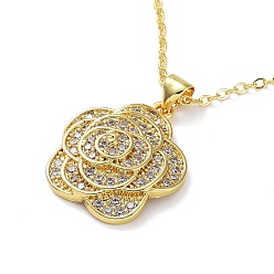 Flower Golden Brass Rhinestone Pendant Necklace with Cable Chains, Flower, 17.72 inch(45cm), Flower: 22.5x19.5x6mm