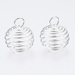 Argent Pendentifs en fil de fer, pendentifs de cage de perle en spirale, ronde, argenterie, 15~16x14mm, Trou: 4~5mm