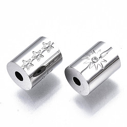 Stainless Steel Color 304 Stainless Steel Beads, with Rhinestone, Column with Star, Stainless Steel Color, 8x6mm, Hole: 1.6mm