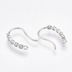 Real Platinum Plated Brass Earring Hooks, with Cubic Zirconia and Horizontal Loop, Nickel Free, Real Platinum Plated, 15x10x2mm, Hole: 1mm, 20 Gauge, Pin: 0.8mm