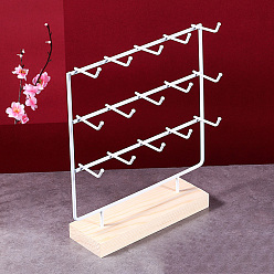 White 3-Tier 15-Hook Iron Jewelry Display Stands with Wooden Base, Jewelry Organizer Holder for Earring Display Cards, Hair Ties, Bracelets Storage, Rectangle, White, 24x7x27cm