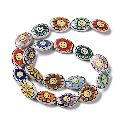 Mixed Color Handmade Porcelain Beads, Famille Rose Porcelain, Oval with Flower, Mixed Color, 19x14~16x5~6mm, Hole: 1.2mm