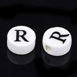 Letter R Handmade Porcelain Beads, Horizontal Hole, Flat Round with Letter, White, Letter.R, 8~8.5x4.5mm, Hole: 2mm