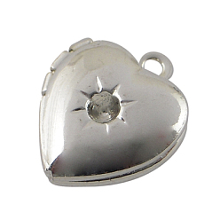 Silver Brass Locket Pendants, Photo Frame Charms for Necklaces, Heart, Silver Color Plated, 12x10.5x4mm, hole: 1mm